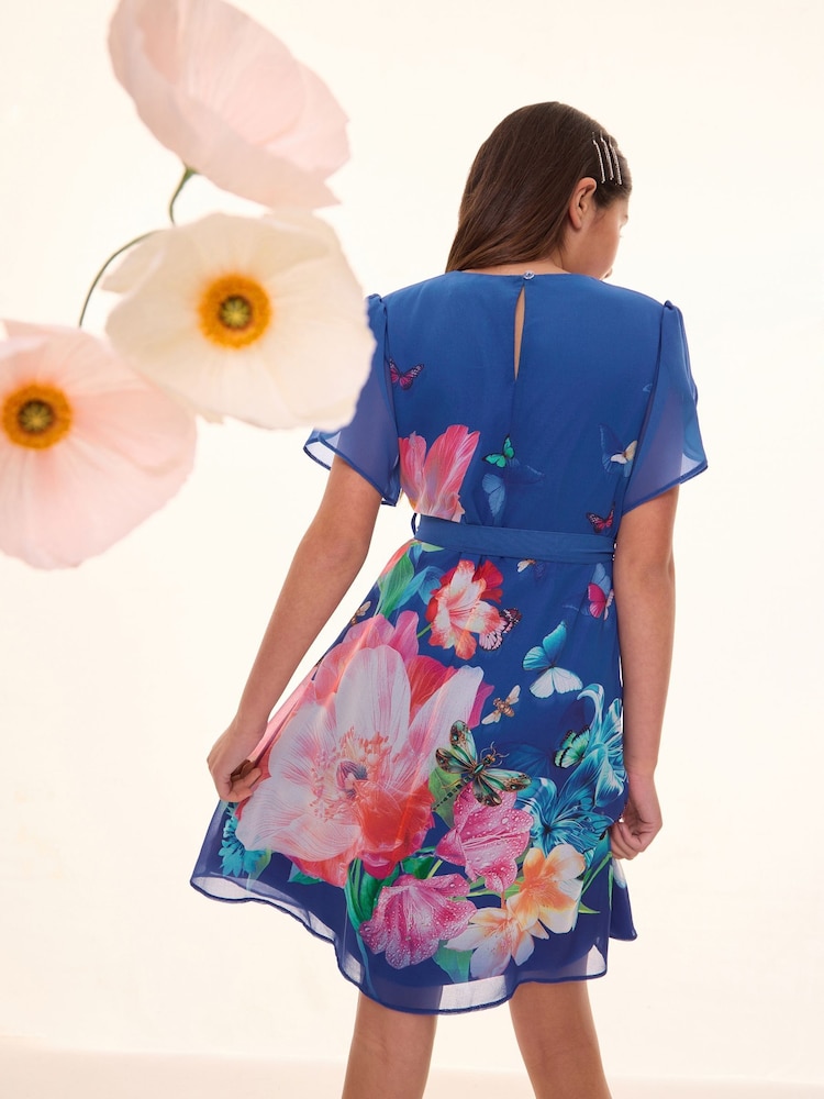 Lipsy Cobalt Blue Floral Petal Sleeve Chiffon Dress (4-16yrs) - Image 4 of 4