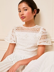 Lipsy White Flutter Sleeve Lace Occasion Jumpsuit (5-16yrs) - Image 2 of 4