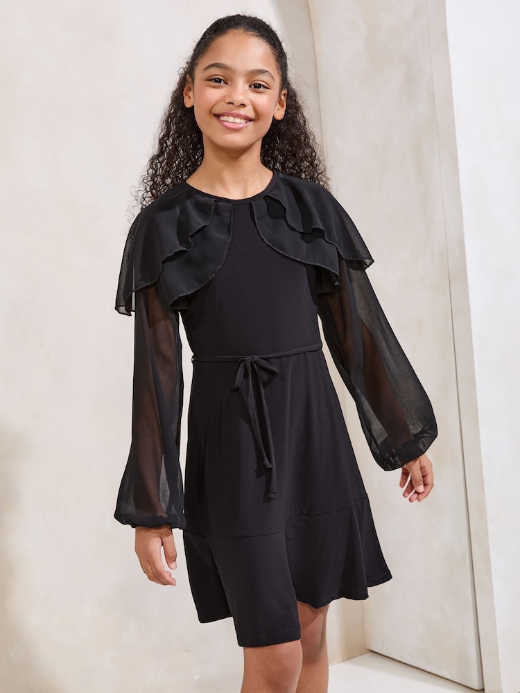 Lipsy Black Layered Flutter Long Sleeve Dress (5-16yrs) - Image 1 of 5 Lipsy Black Layered Flutter Long Sleeve Dress (5-16yrs) - Image 1 of 5