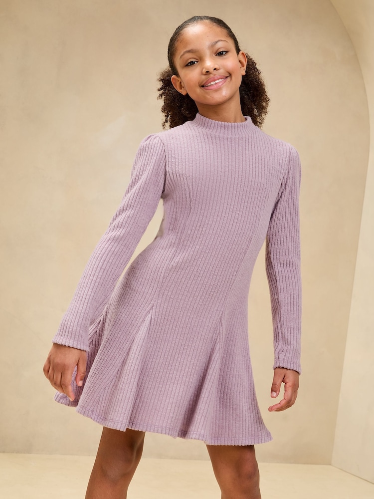 Lipsy Mauve Purple Long Sleeve Rib Knit Dress (5-16yrs) - Image 1 of 5