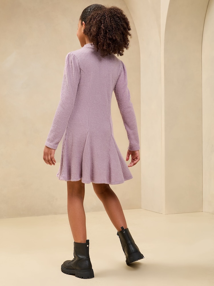 Lipsy Mauve Purple Long Sleeve Rib Knit Dress (5-16yrs) - Image 5 of 5