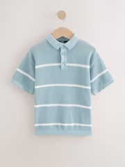 Blue 100% Cotton Short Sleeve Stripe Knitted Polo Shirt (3-16yrs) - Image 1 of 4