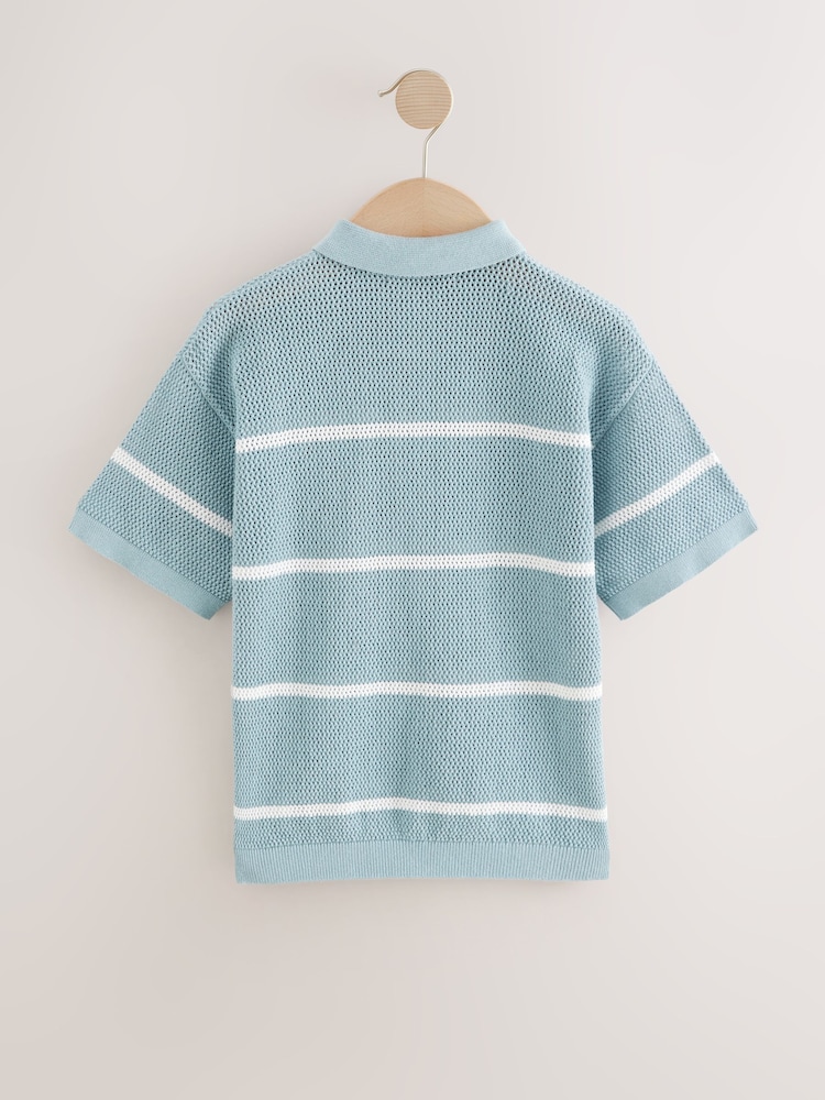 Blue 100% Cotton Short Sleeve Stripe Knitted Polo Shirt (3-16yrs) - Image 2 of 4