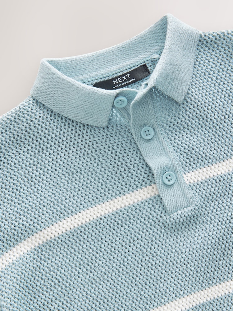 Blue 100% Cotton Short Sleeve Stripe Knitted Polo Shirt (3-16yrs) - Image 3 of 4