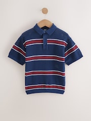 Navy Blue 100% Cotton Short Sleeve Stripe Knitted Polo Shirt (3-16yrs) - Image 1 of 4
