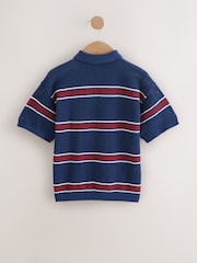 Navy Blue 100% Cotton Short Sleeve Stripe Knitted Polo Shirt (3-16yrs) - Image 2 of 4