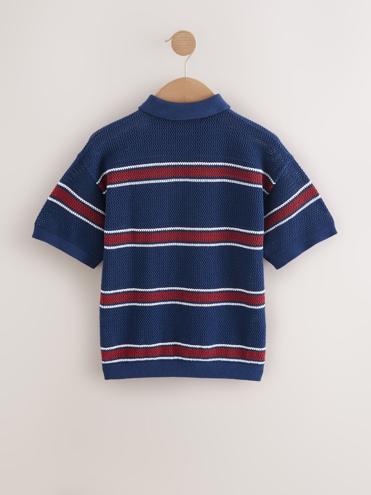 Navy Blue 100% Cotton Short Sleeve Stripe Knitted Polo Shirt (3-16yrs) - Image 2 of 4