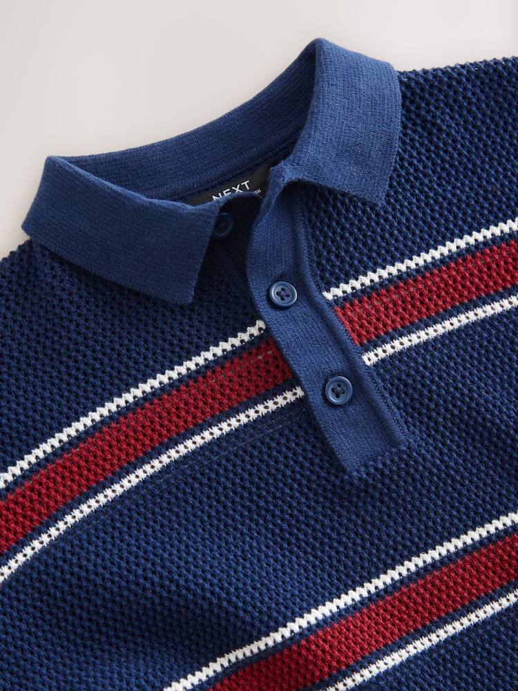 Navy Blue 100% Cotton Short Sleeve Stripe Knitted Polo Shirt (3-16yrs) - Image 3 of 4
