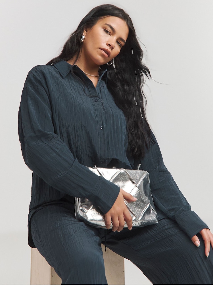 Simply Be Blue Oversized Crinkle Satin Shirt - Image 1 of 4