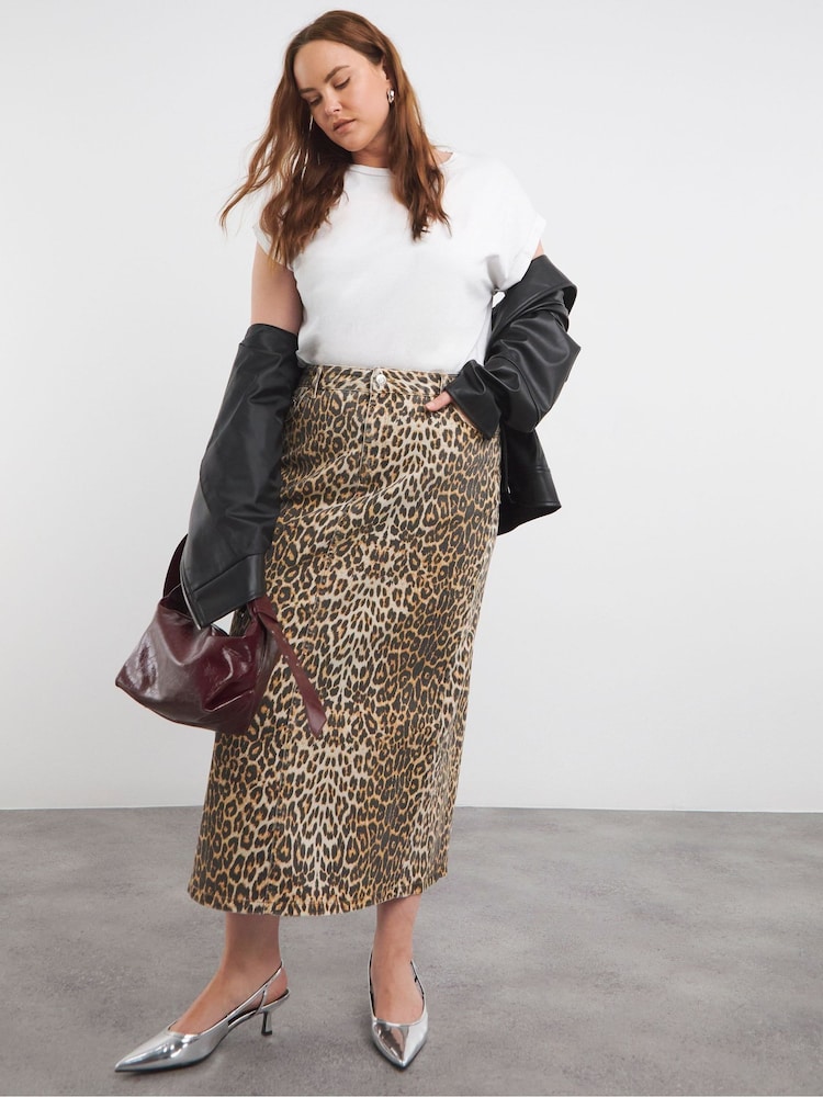 Simply Be Black Leopard Print Denim 100% Cotton Maxi Skirt - Image 1 of 4