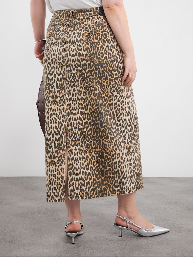 Simply Be Black Leopard Print Denim 100% Cotton Maxi Skirt - Image 2 of 4