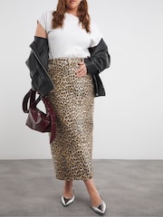 Simply Be Black Leopard Print Denim 100% Cotton Maxi Skirt - Image 3 of 4