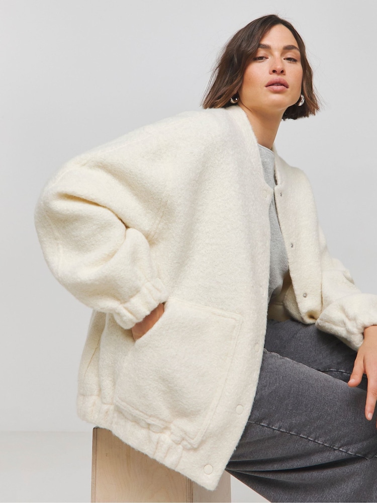 Simply Be Cream Brushed Wool Bomber Jacket - Image 1 of 4