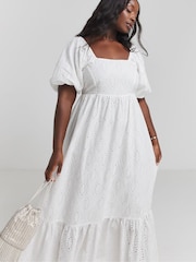 Simply Be White Square Neck Broderie Maxi 100% Cotton Dress - Image 1 of 4