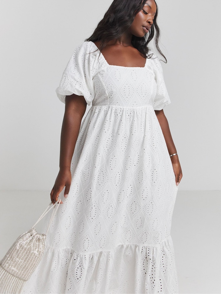 Simply Be White Square Neck Broderie Maxi 100% Cotton Dress - Image 1 of 4