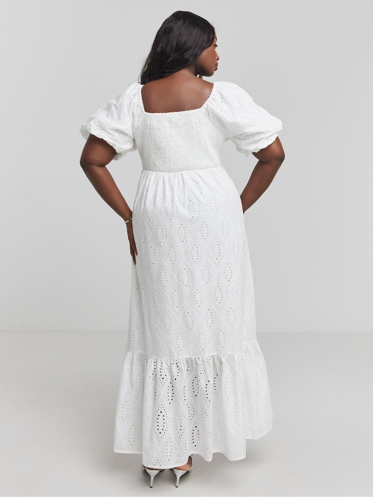 Simply Be White Square Neck Broderie Maxi 100% Cotton Dress - Image 2 of 4