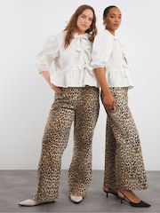 Simply Be Black Leopard Denim Print Wide Leg 100% Cotton Jeans - Image 1 of 4