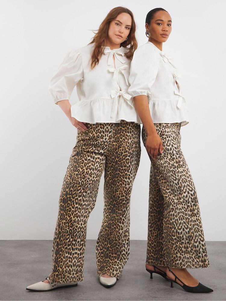 Simply Be Black Leopard Denim Print Wide Leg 100% Cotton Jeans - Image 1 of 4