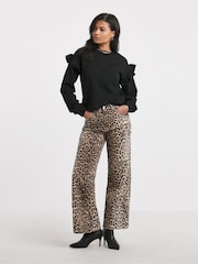 Simply Be Black Leopard Denim Print Wide Leg 100% Cotton Jeans - Image 5 of 8