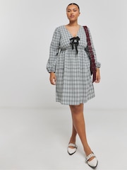 Simply Be Black Checked Western Bow Front Skater Dress - Image 1 of 4
