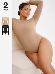 Simply Be Brown Magisculpt Smoothing Long Sleeve Bodysuit 2 Pack - Image 1 of 7