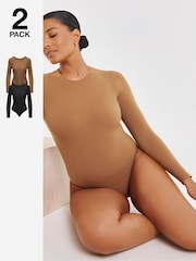 Simply Be Brown Magisculpt Smoothing Long Sleeve Bodysuit 2 Pack - Image 1 of 7