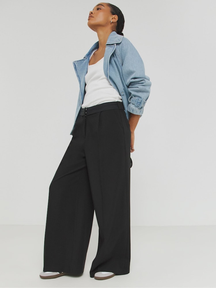 Simply Be Black Turnover Waistband Tailored Wide Leg Trouser - Image 1 of 4