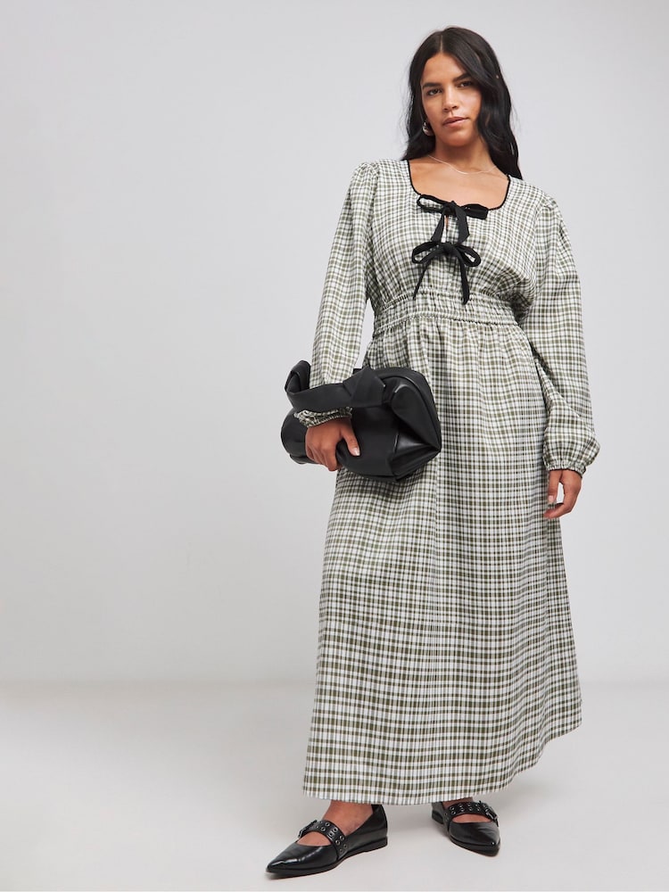 Simply Be Green Checked Western Bow Front Midi Dress - Image 1 of 4