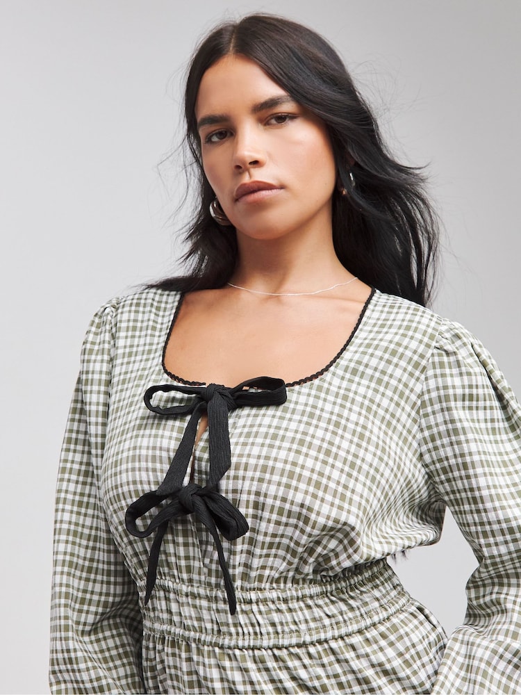 Simply Be Green Checked Western Bow Front Midi Dress - Image 4 of 4 Simply Be Green Checked Western Bow Front Midi Dress - Image 4 of 4