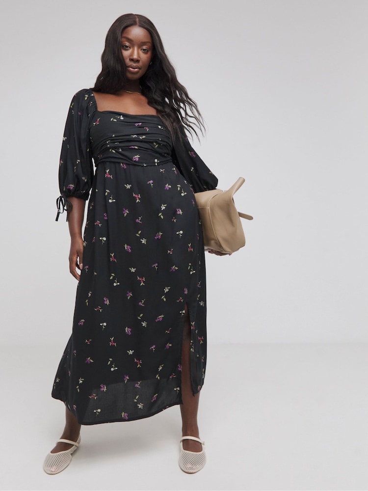 Simply Be Black Soft Volume Midi Dress - Image 1 of 4