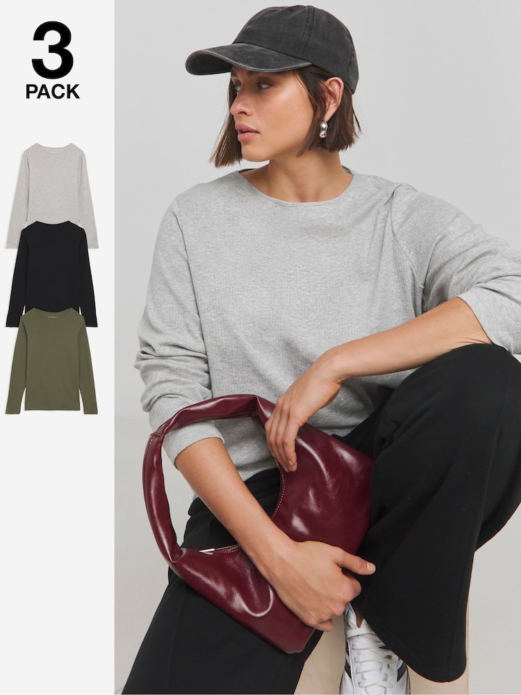 Simply Be Black/ Khaki/ Grey Ribbed Tops 3 Pack - Image 1 of 4