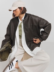 Simply Be Black Worn Look PU Bomber Jacket - Image 1 of 4