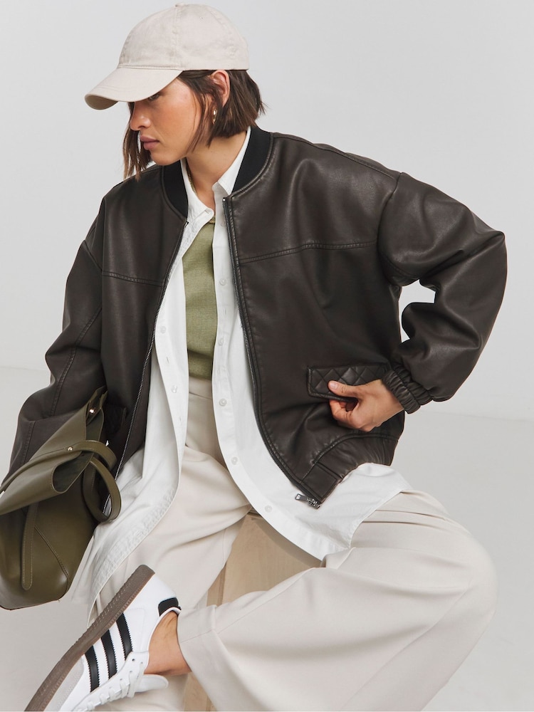 Simply Be Black Worn Look PU Bomber Jacket - Image 1 of 4