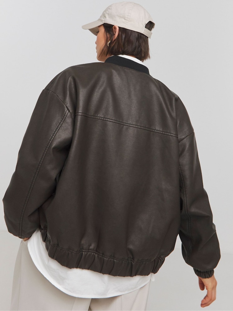 Simply Be Black Worn Look PU Bomber Jacket - Image 2 of 4
