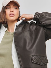 Simply Be Black Worn Look PU Bomber Jacket - Image 4 of 4