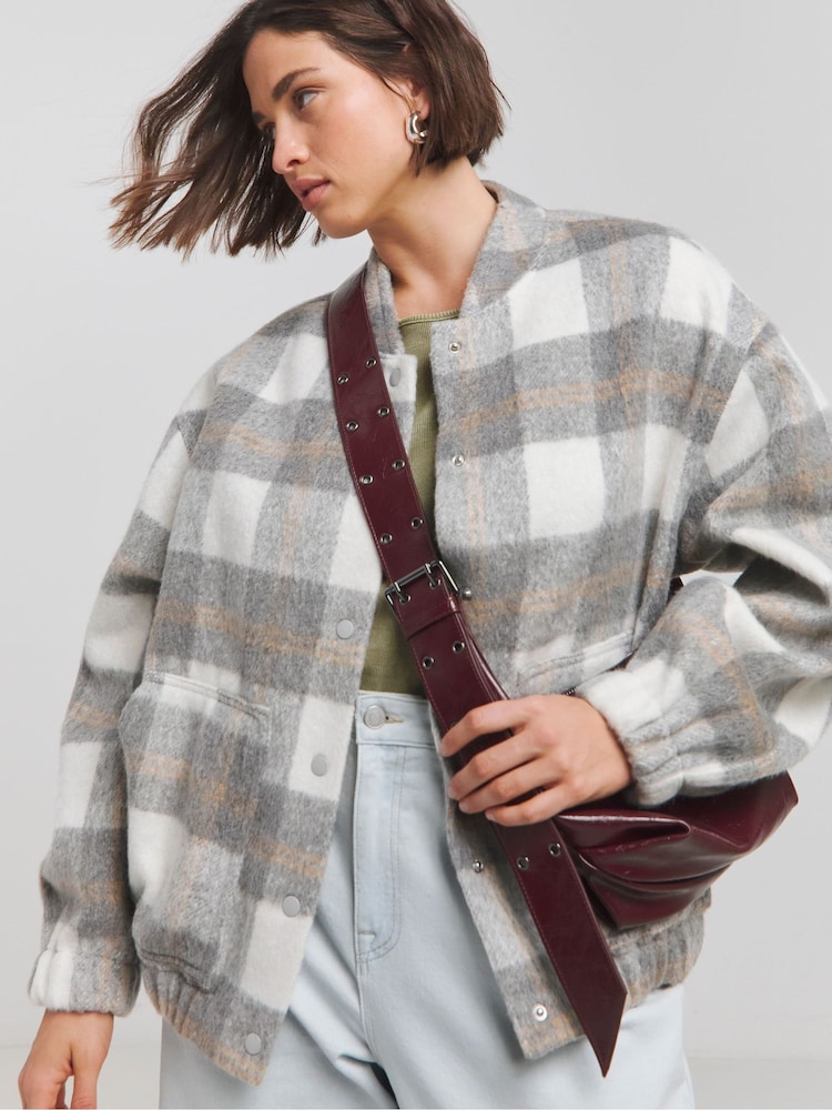 Simply Be Grey Checked Brushed Wool Bomber Jacket - Image 1 of 4