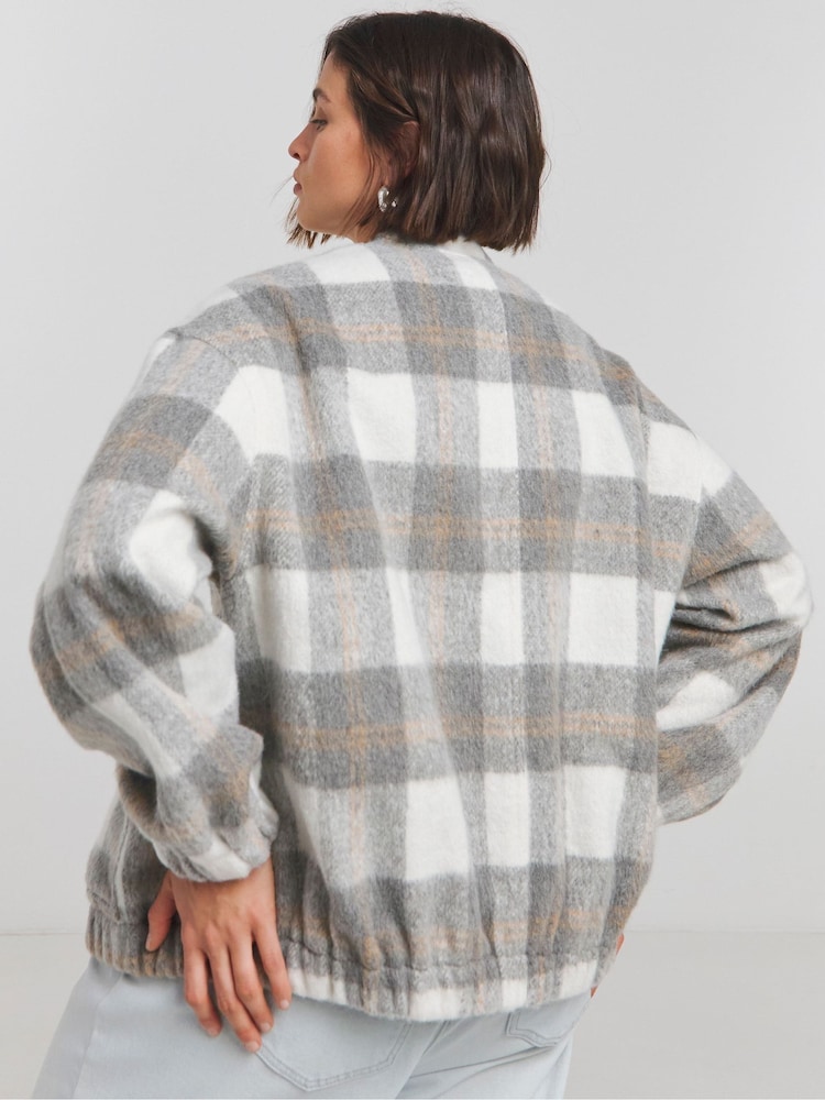 Simply Be Grey Checked Brushed Wool Bomber Jacket - Image 2 of 4