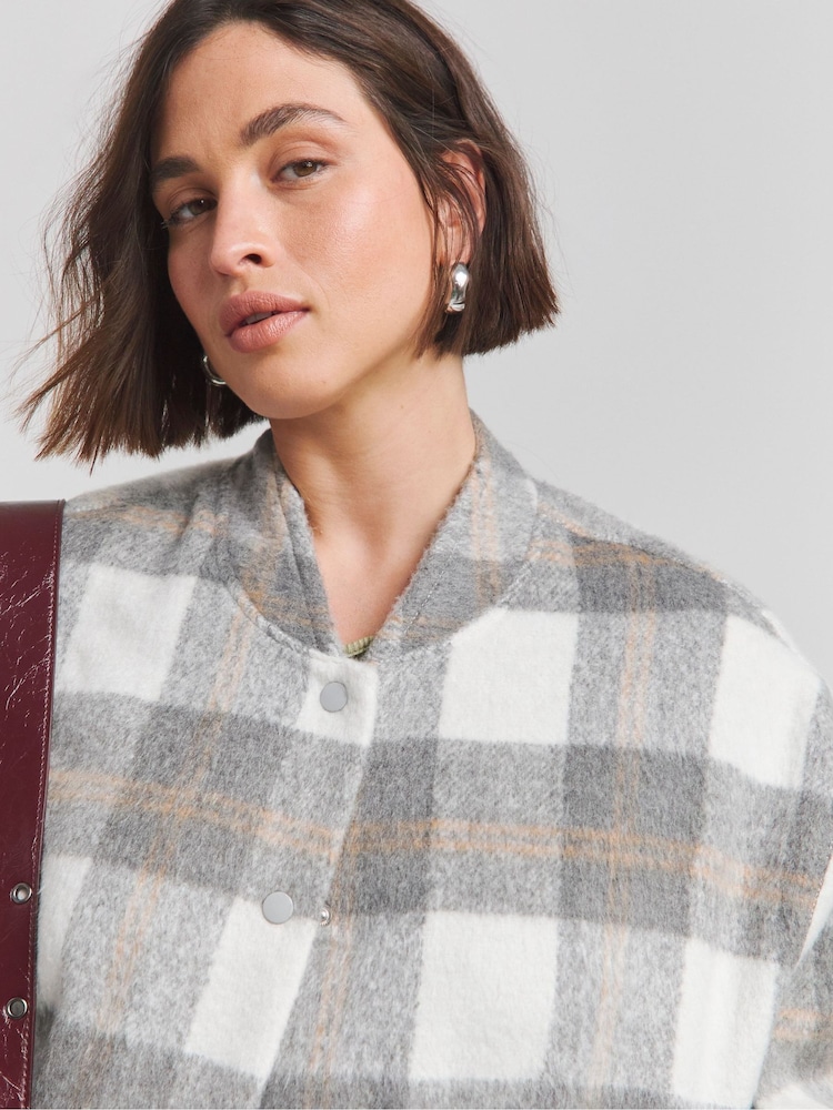 Simply Be Grey Checked Brushed Wool Bomber Jacket - Image 4 of 4