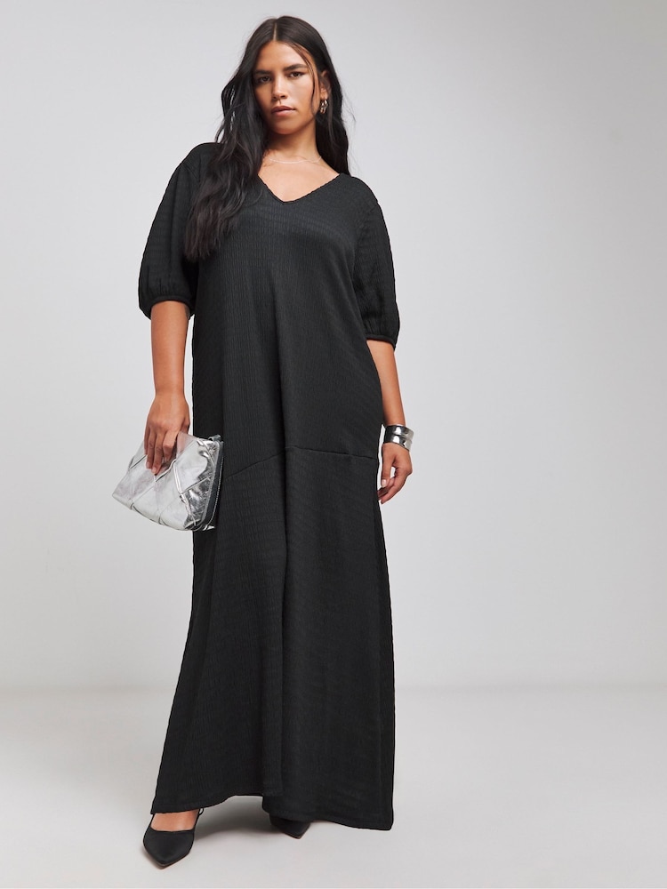 Simply Be Black Textured Jersey Bow Back Asymmetric Maxi Dress - Image 2 of 4