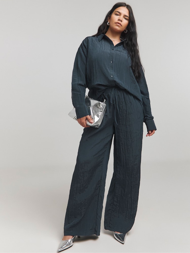 Simply Be Blue Textured Satin Wide Leg Trousers - Image 1 of 4 Simply Be Blue Textured Satin Wide Leg Trousers - Image 1 of 4