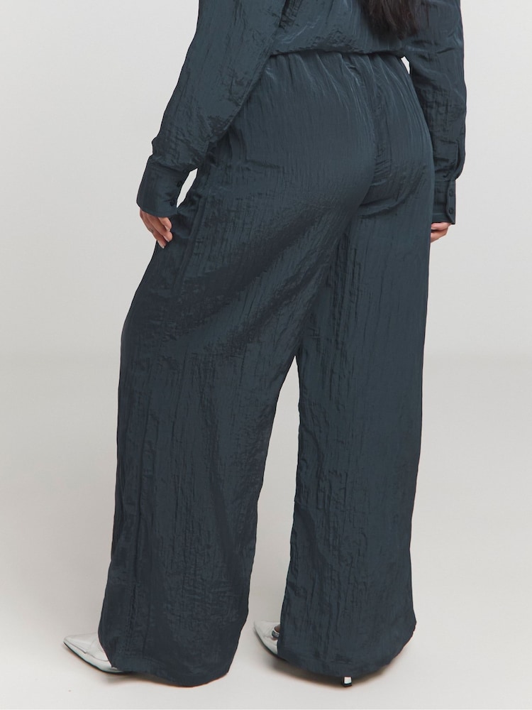 Simply Be Blue Textured Satin Wide Leg Trousers - Image 2 of 4 Simply Be Blue Textured Satin Wide Leg Trousers - Image 2 of 4
