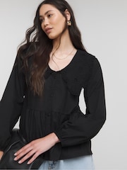 Simply Be Black Broderie Collared Blouse - Image 1 of 4