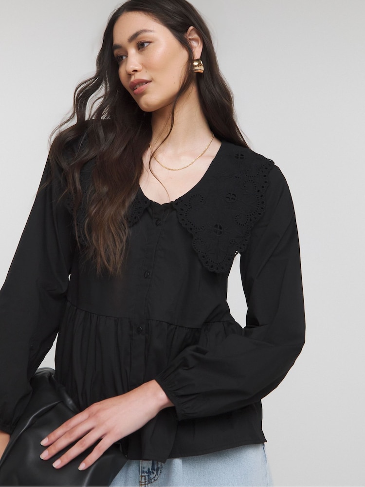 Simply Be Black Broderie Collared Blouse - Image 1 of 4
