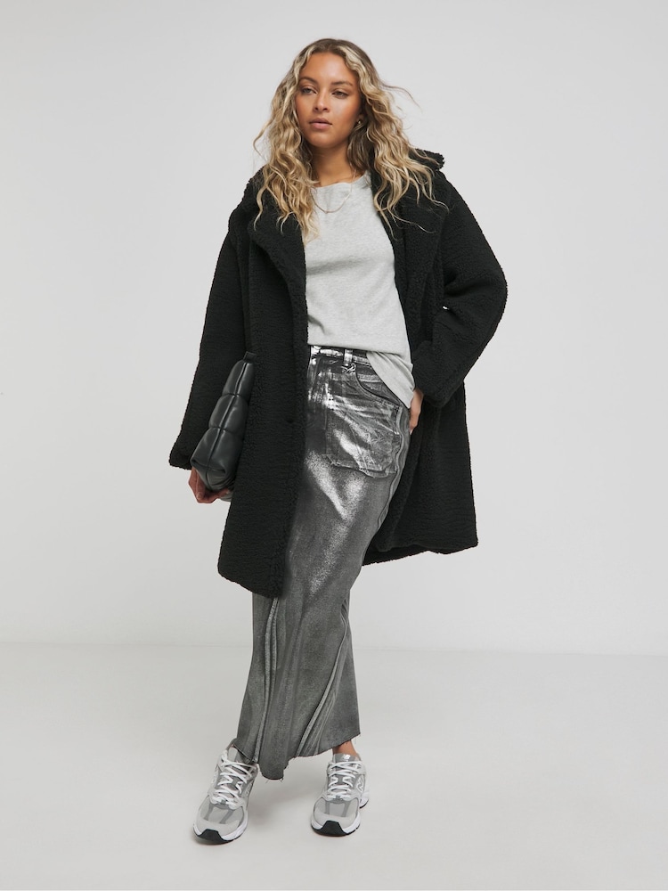 Simply Be Black Raised Seam Detail Short Teddy Coat - Image 1 of 4