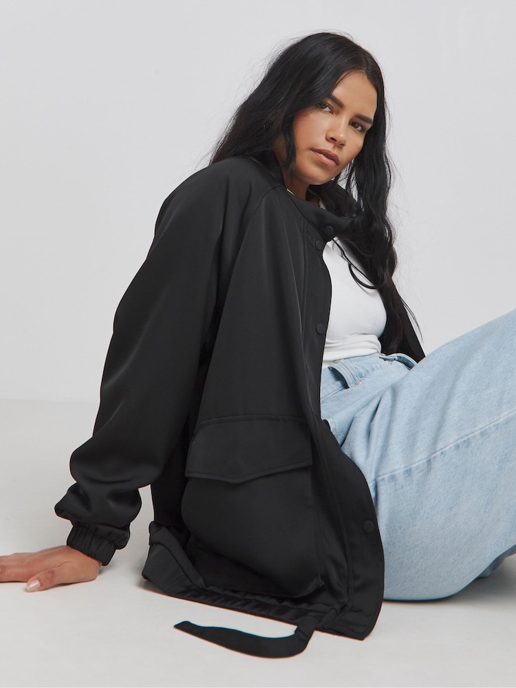 Simply Be Black Satin Bomber Jacket - Image 1 of 4