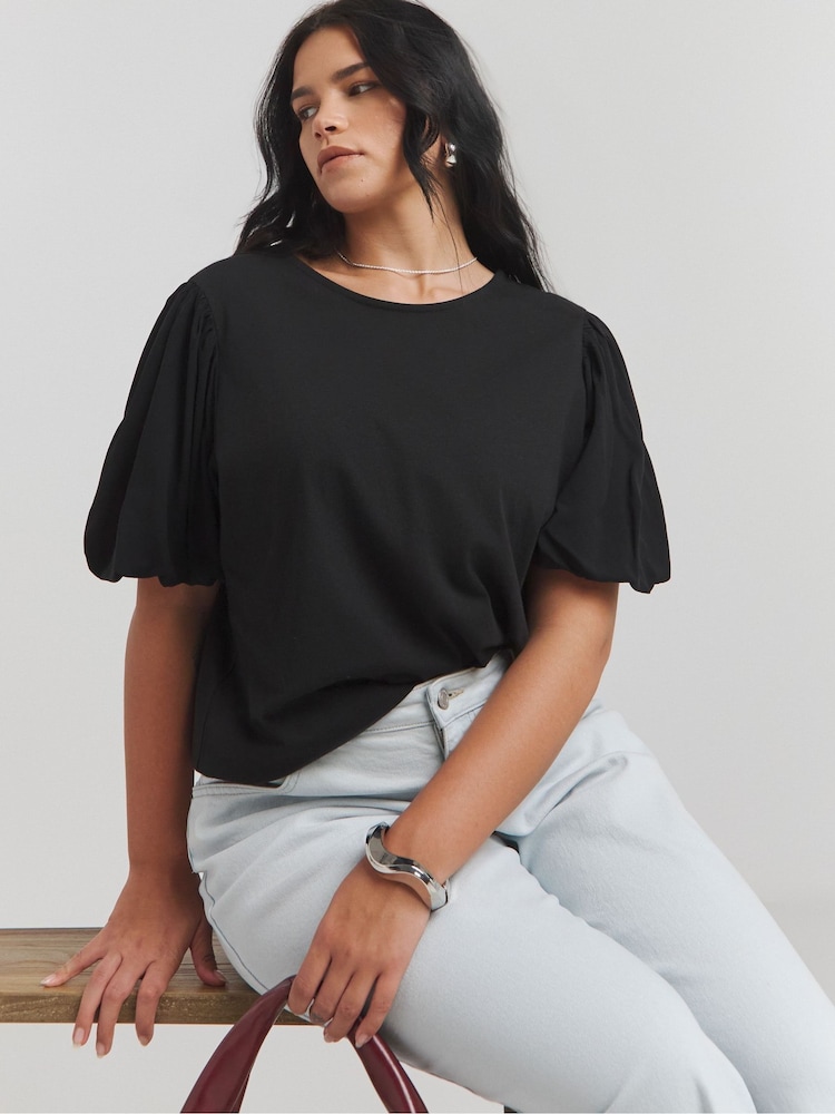 Simply Be Black Poplin Puff Sleeve 100% Cotton T-Shirt - Image 1 of 4