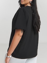Simply Be Black Poplin Puff Sleeve 100% Cotton T-Shirt - Image 2 of 4