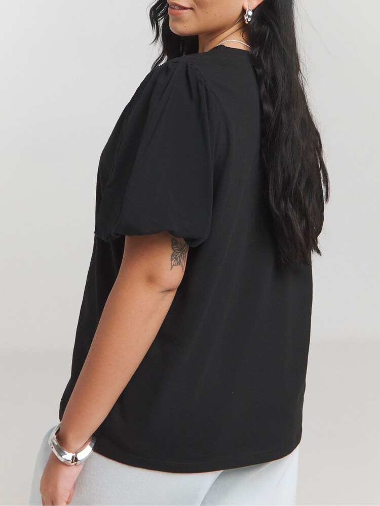 Simply Be Black Poplin Puff Sleeve 100% Cotton T-Shirt - Image 2 of 4