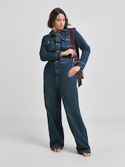 Simply Be Blue Dark Wash Wide Leg Denim Boilersuit - Image 1 of 4