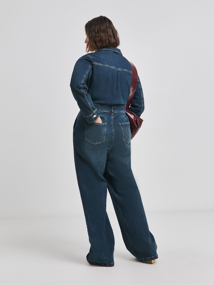 Simply Be Blue Dark Wash Wide Leg Denim Boilersuit - Image 2 of 4